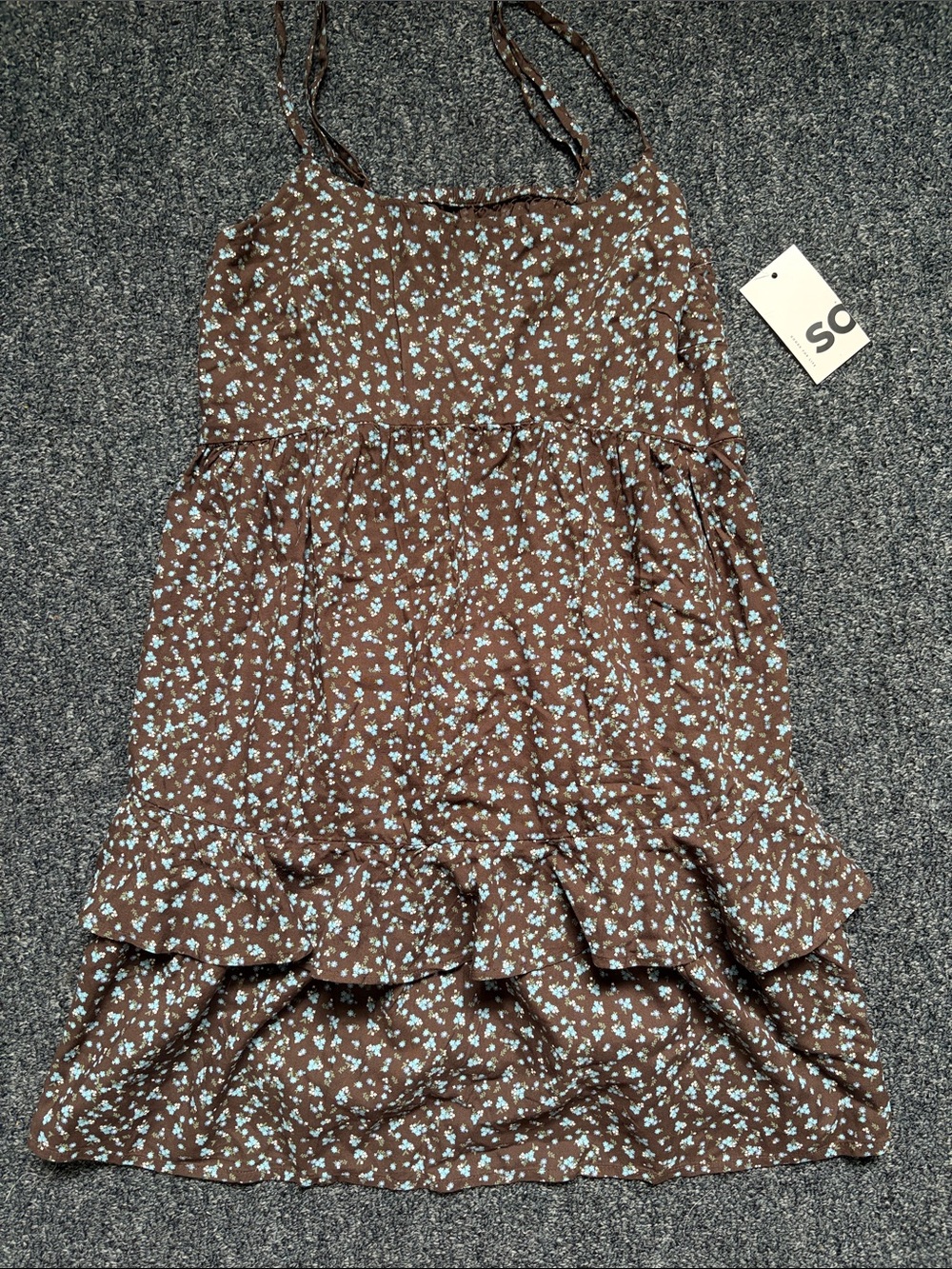 SO Brown Floral Tiered Dress with Blue Floral Print